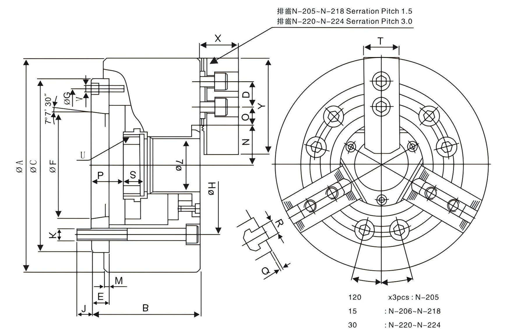 High Precision N-200A 3 Jaw Through Hole Power Chuck With Gripping Function 0